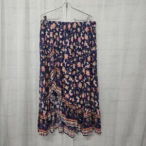 Rusttydustty Blue Pink Floral Midi Skirt Hi-low Peasant Festival 0XL